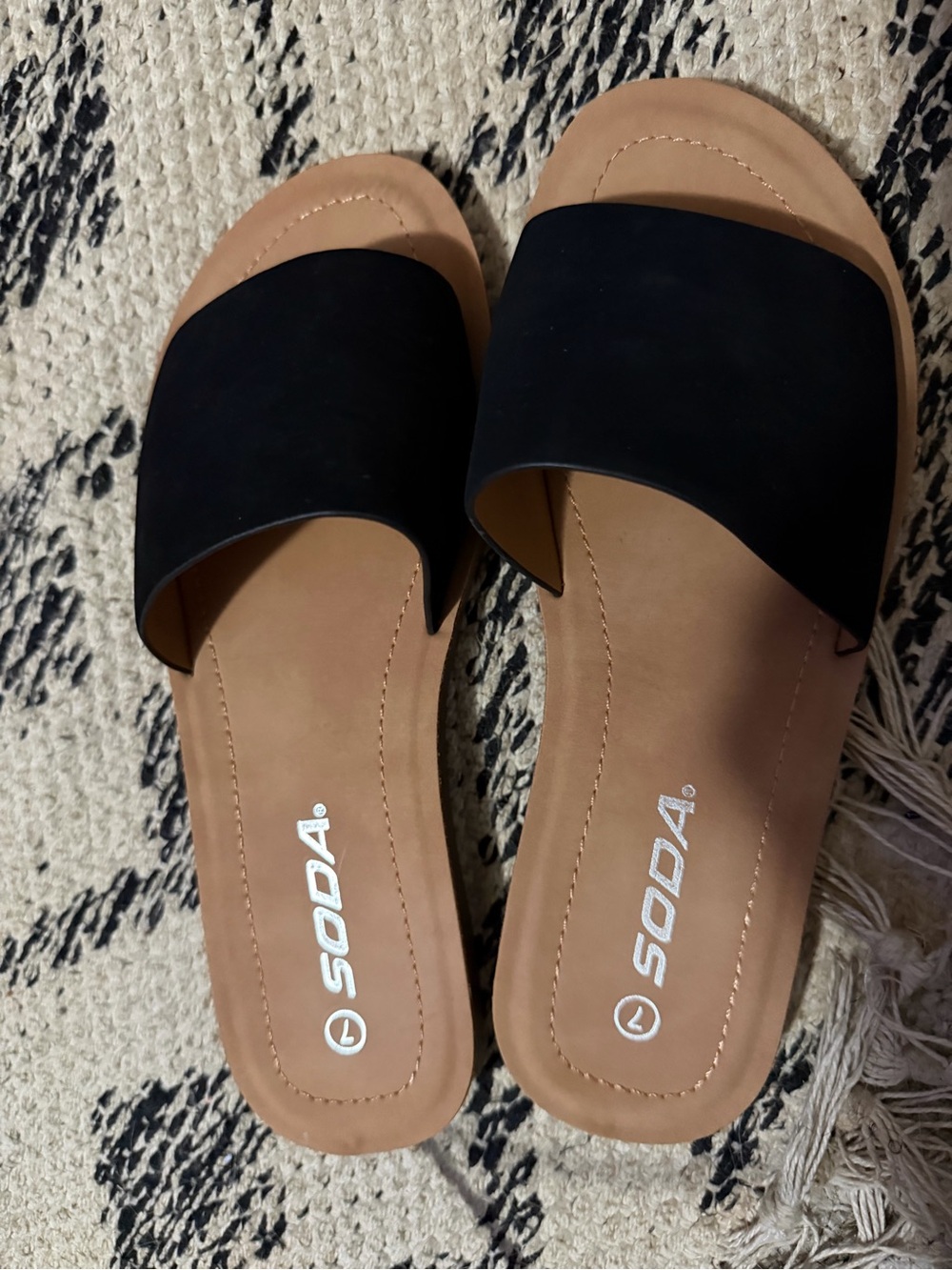 Soda Black Slide Sandals with Tan Footbed
